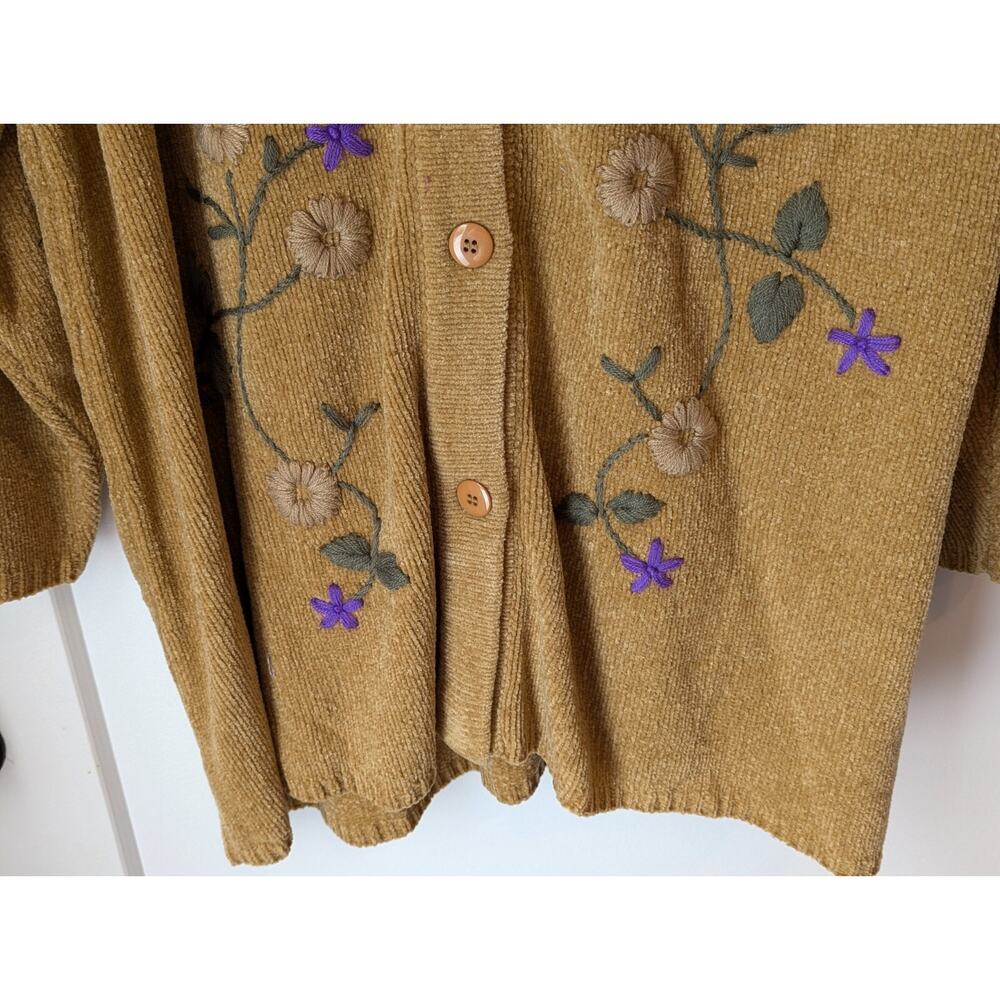 Denim&Co XL Mustard Brown Sweater Cardigan Hooded Embroidered NWT Cottagecore - Picture 5 of 14